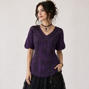 Vintage Braja Embroidered Top Women's Sz L Purple Short Sleeve Sequin Whimsygoth